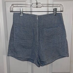 High waisted, light blue checkered linen shorts from Olivaceous. Size Small.
